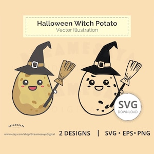 Patata bruja SVG, caricatura caprichosa de mago con sombrero mágico y escoba, archivos de corte en capas y contornos