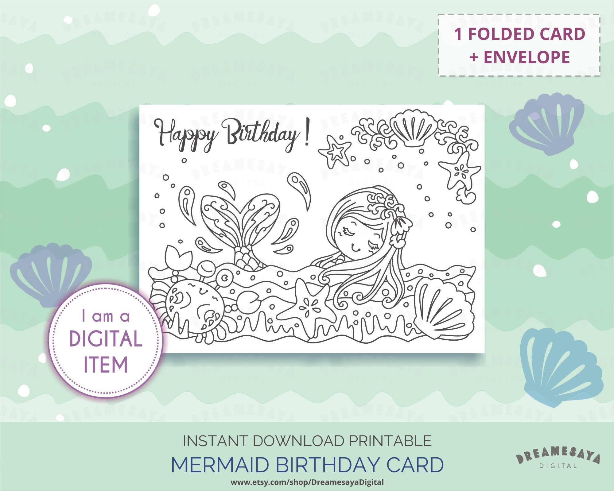 mermaid-birthday-card-printable-mermaid-coloring-page-girl-etsy