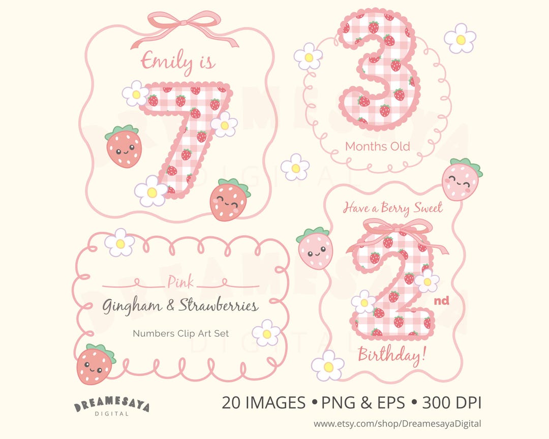 Berry Sweet Numbers Clipart, Pink Strawberry Gingham Girly Birthday ...