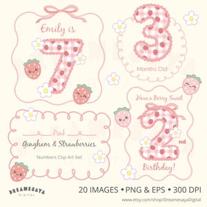 May include: A digital clip art set featuring pink gingham numbers with strawberry and flower accents. The set includes numbers 2, 3, and 7, with text that reads "Emily is 7", "3 Months Old", and "Have a Berry Sweet 2nd Birthday!"