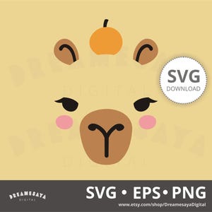 Cartoon image of cute capybara face with an orange on top.
Text: SVG, EPS, PNG