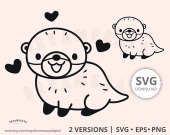 River otter SVG EPS PNG, Kawaii cute one color happy woodland animal outlines clip art and cut files