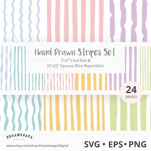 Peut inclure: Une collection numérique de 24 motifs de rayures dessinés à la main dans diverses couleurs pastel dont bleu, rose, violet, jaune et vert. Le texte indique Hand Drawn Stripes Set, 5"x7" Card Size & 12"x12" Squares (Non Repeatable), 24 IMAGES, SVG, EPS, PNG.