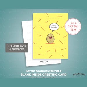 Cartão de feliz aniversário para impressão em JPG com saudação de batata, ilustrado com arquivo de desenho animado fofo para download