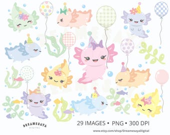 Party Axolotl Clipart Bundle, Kawaii Pastel Salamanders with Birthday Hats Digital Printable Decor Files