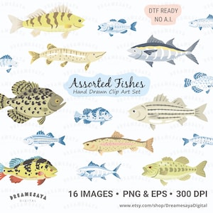 May include: A digital clip art set featuring 16 hand-drawn fish illustrations in various colors and patterns. The text reads Assorted Fishes Hand Drawn Clip Art Set, DTF READY NO A.I., 16 IMAGES PNG & EPS 300 DPI, and DREAMESAYA DIGITAL.