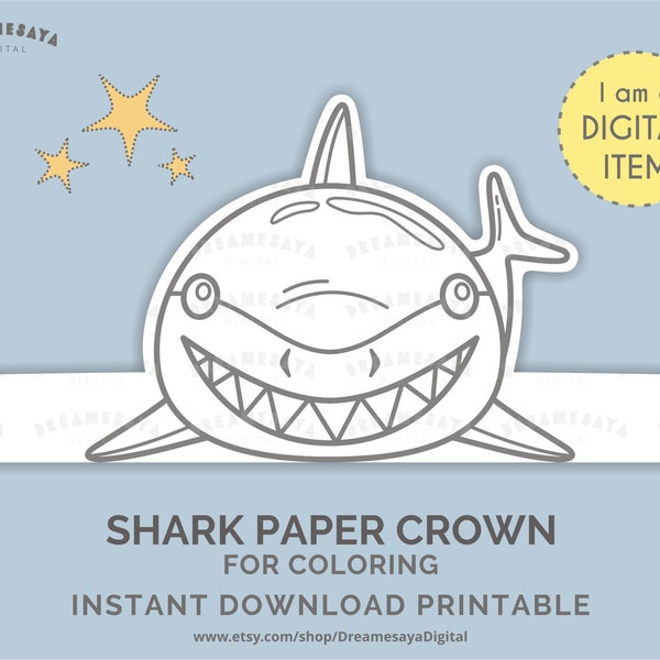 Download shark headpiece DIY, Printable shark paper hat for coloring, Kids party crown to color, Toddlers party favor JPG PDF