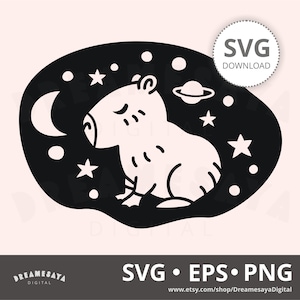Celestial capybara SVG outline dreamy rodent in outer space htv cut file and laser engraving design