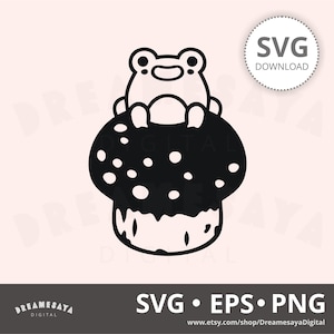 Grenouille kawaii contour SVG d'adorable grenouille sur un champignon vénéneux htv couper fichier et conception de gravure laser