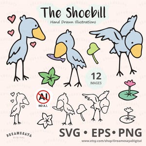 Puede incluir: Una colección de 12 ilustraciones dibujadas a mano de Shoebills en varias poses. Las aves tienen un cuerpo azul claro, un pico amarillo y patas negras. La imagen incluye corazones, hojas y un nenúfar. El texto incluye "The Shoebill" e información del tipo de archivo.
