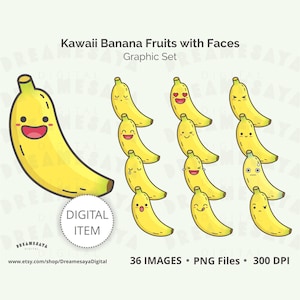 Kawaii banan PNG clipart z kreskówkowymi żółtymi owocami z twarzami projekt do użytku komercyjnego