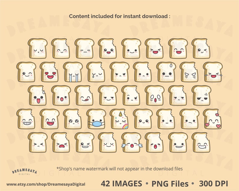 May include: A set of 42 digital illustrations of cute cartoon bread slices with different facial expressions. The bread slices are white with a bite taken out of them. The illustrations are in PNG format and are 300 DPI.