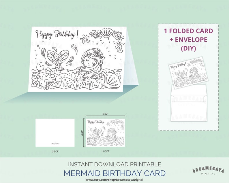 Mermaid Birthday Card Printable Mermaid Coloring Page Girl - Etsy