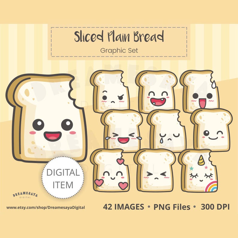 Sliced plain bread graphic set. Cartoon slices of plain bread with cute faces in different mood. Some were bit on top. One is shown bigger than others. 42 images, png files, 300 dpi.