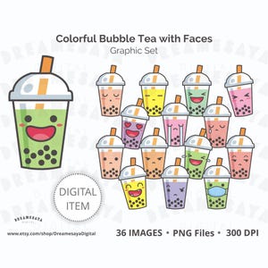 May include: Set of 36 digital illustrations of bubble tea with different facial expressions. The bubble tea is in various colors, including green, pink, yellow, blue, and purple. The illustrations are in a cartoon style and are perfect for use in digital projects.