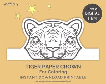 Tiger coloring page printable, Tiger paper crown to color DIY, Big cat party hat supply for kids, Instant download JPG