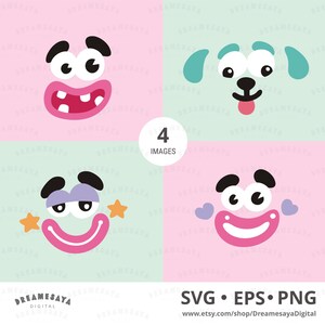 Peut inclure: Un ensemble graphique numérique présentant quatre visages de dessins animés distincts avec des yeux et des bouches expressifs. Le visage en haut à gauche a une bouche rose avec des dents, celui en haut à droite est un chien, en bas à gauche avec des étoiles.