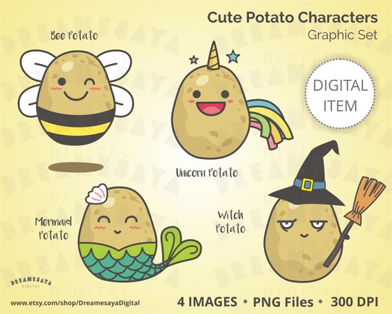 Whimsical potato clipart, Cute graphic of potatoes as a bee, unicorn,  mermaid, and a witch, PNG images for commercial use