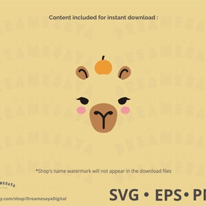May include: A digital illustration of a llama's face with a small orange pumpkin on its head. The llama has brown eyes, a brown nose, and a brown mouth. The background is a light yellow color.