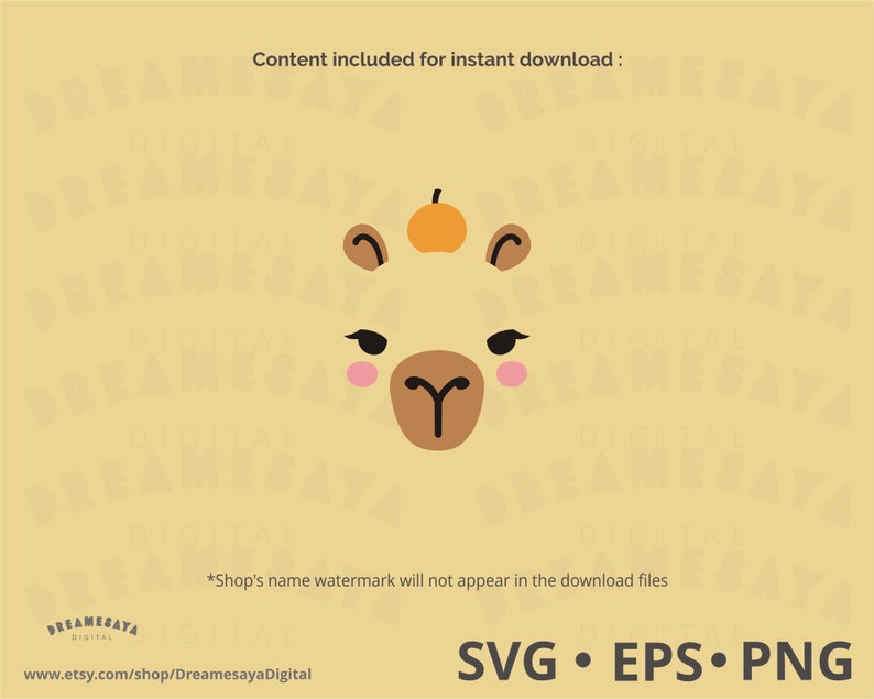 May include: A digital illustration of a llama's face with a small orange pumpkin on its head. The llama has brown eyes, a brown nose, and a brown mouth. The background is a light yellow color.