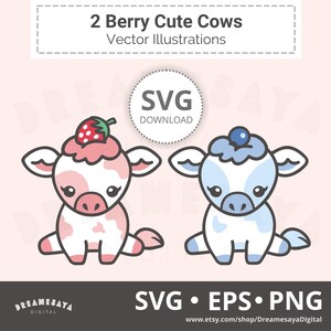 Vacas fofas SVG kawaii caprichosas morango e mirtilo gado bebês arquivos de corte em camadas e clip art PNG