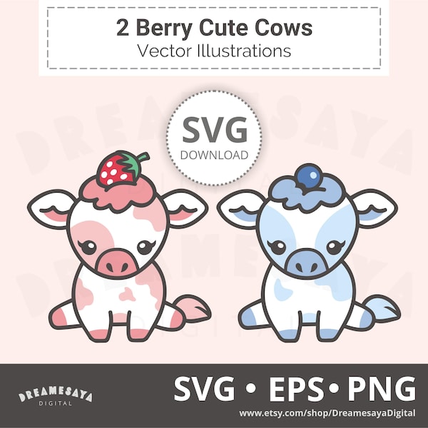 Kawaii-Kühe SVG, verspielte Erdbeer- und Blaubeermotive, Rinderbabys, mehrlagige Schnittdateien, Vektor-Clipart-Design