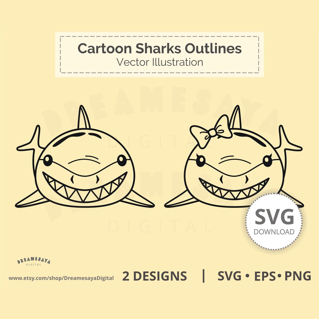 Cartoon Sharks SVG Outline of Cute Sea Animal for Boy and Girl Htv Cut ...