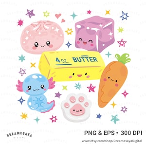 Könnte beinhalten: Eine digitale Illustration mit einer Sammlung niedlicher, lächelnder Figuren, darunter ein rosa Mochi, ein violetter Eiswürfel, ein gelbes Stück Butter mit der Aufschrift 4 oz. BUTTER, ein blauer Axolotl, eine orangefarbene Karotte und eine weiße Pfote, umgeben von bunten Sternen.