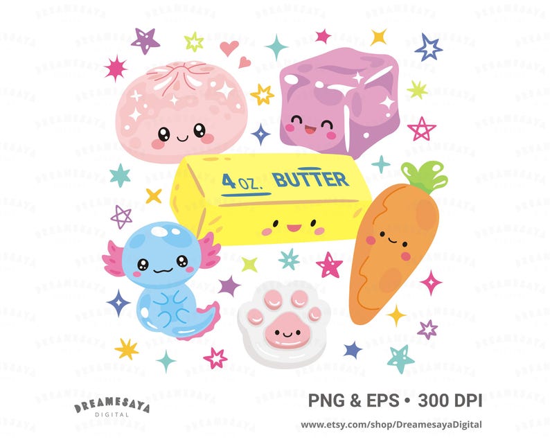 Colorful illustration of various adorable squishies, decorated with star doodles. Squishies included are dumpling, cube, butter, axolotl, paw, and carrot.
Text: PNG & EPS, 300 DPI