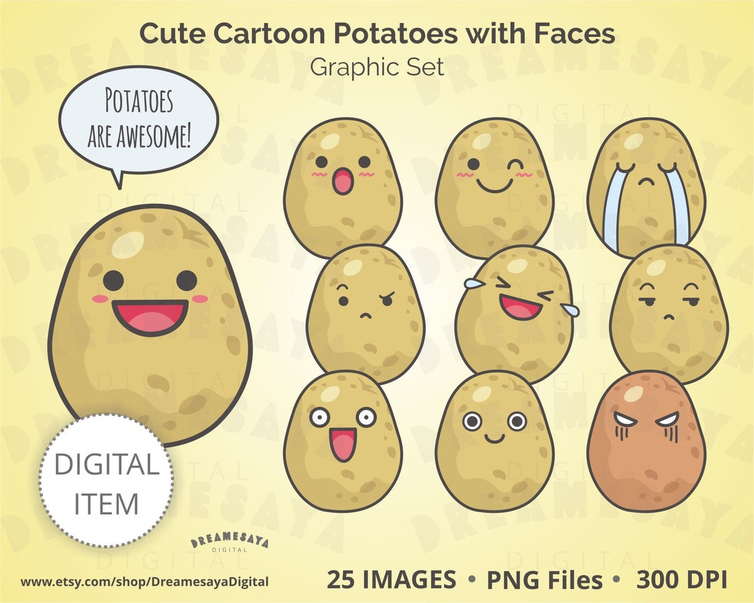 Kawaii Potato Clip Art, Cute Potatoes Emoticon, Cartoon Food With Faces