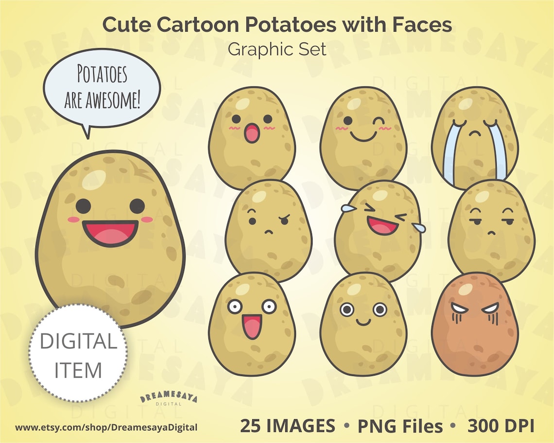 Kawaii Potato Clip Art Cute Potatoes Emoticon Cartoon Food Etsy