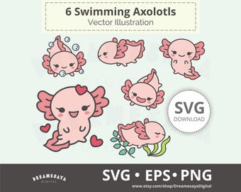 Kawaii axolotl SVG bundle pink salamander vector clipart layered cut files for commercial use
