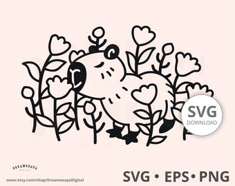 SVG capybara flowers outlines, Super cute animal with floral blooms and buds black line art illustration for crafting