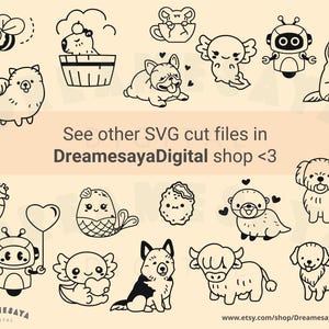 May include: A set of 20 black and white SVG cut files featuring cute cartoon animals, food, and other designs. The designs include a bee, a dog in a hot tub, a french bulldog, a mermaid, a heart, a robot, a cookie, an otter, a axolotl, a dog, a cow, and a puppy.