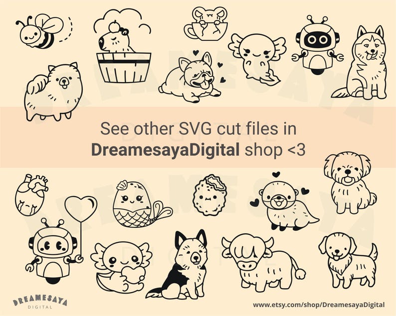 May include: A set of 20 black and white SVG cut files featuring cute cartoon animals, food, and other designs. The designs include a bee, a dog in a hot tub, a french bulldog, a mermaid, a heart, a robot, a cookie, an otter, a axolotl, a dog, a cow, and a puppy.