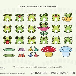 May include: A set of 28 digital illustrations featuring cute cartoon frogs in various poses and expressions. The frogs are green with black eyes and are depicted with different accessories, such as flowers, strawberries, and mushrooms. The illustrations are perfect for use in digital scrapbooking, card making, and other creative projects.