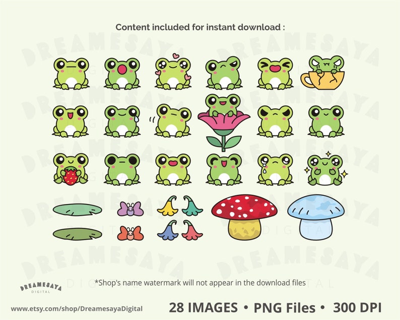May include: A set of 28 digital illustrations featuring cute cartoon frogs in various poses and expressions. The frogs are green with black eyes and are depicted with different accessories, such as flowers, strawberries, and mushrooms. The illustrations are perfect for use in digital scrapbooking, card making, and other creative projects.