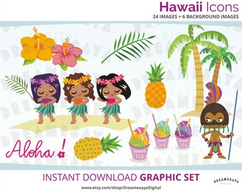 Cute Clip Art, Hawaii Cartoons, Hula Girls Clip Art, Hawaii Icons, Kawaii Clip Art, Downloadable Hawaiian Images, Cute Characters Clip art