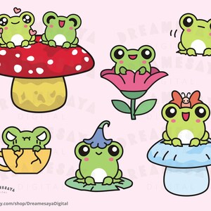 May include: A set of ten digital clipart images featuring cute cartoon frogs in various poses and settings. The frogs are green with black eyes and are depicted on a mushroom, flower, teacup, and lily pad.