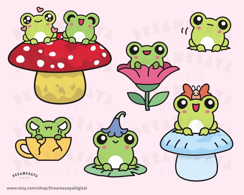 May include: A set of ten digital clipart images featuring cute cartoon frogs in various poses and settings. The frogs are green with black eyes and are depicted on a mushroom, flower, teacup, and lily pad.