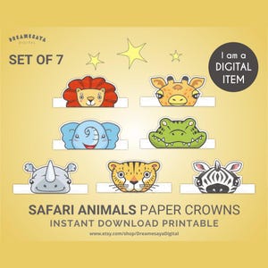 Ensemble de couronnes en papier Safari, chapeau de fête imprimable animaux sauvages de dessin animé, bricolage à télécharger JPG