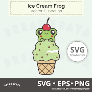Op de afbeelding: Een groene kikker draagt een kers op een groen-witte ijshoorn met chocolade chips. De ijshoorn staat op een witte achtergrond met de tekst "Ice Cream Frog" en "Vector Illustration" boven de afbeelding. De tekst "SVG Download" staat in een cirkel onder de afbeelding.