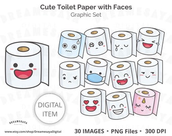 Toilet paper clipart, Kawaii tissue roll with faces clipart, Cute PNG mood design smile laugh happy crying tear sad heart eyes emoticon pack