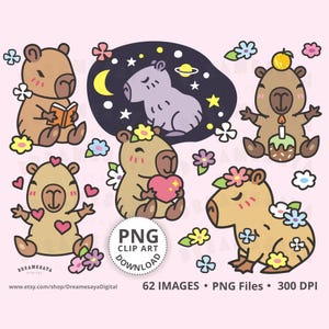 Whimsy capybara PNG clip art bundle printable adorable cute rodent images for commercial use