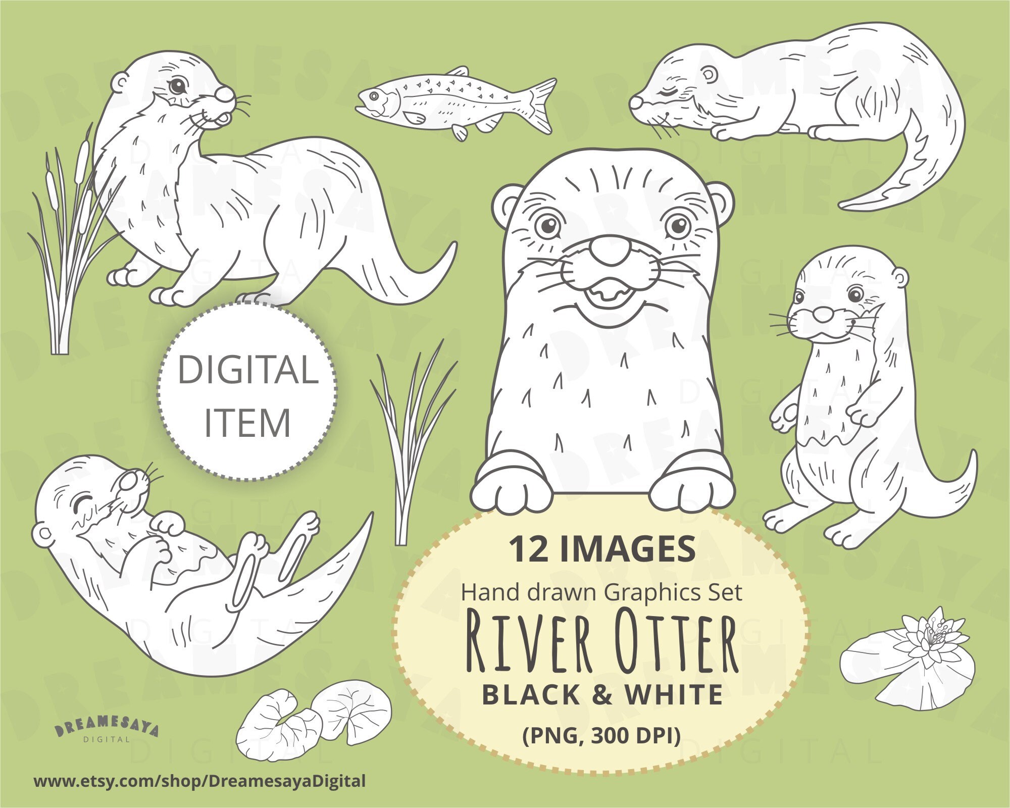 Otter Clipart Digitale Stempel Schwarz Und Weiss Fluss Otter Etsy