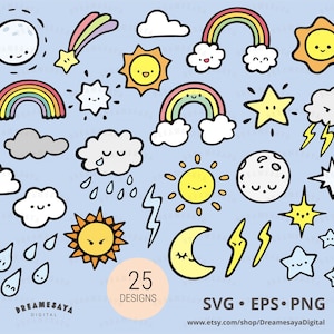 Puede incluir: Colección de 25 diseños digitales con temática meteorológica, que incluyen soles, lunas, estrellas, arcoíris, nubes, lluvia y rayos. Las ilustraciones son de estilo caricatura sobre un fondo azul claro.