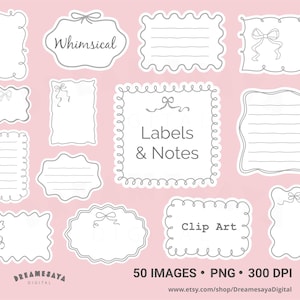 Paquete de imágenes prediseñadas de etiquetas caprichosas, formas onduladas dibujadas a mano, marcos, notas, agenda, diseño digital