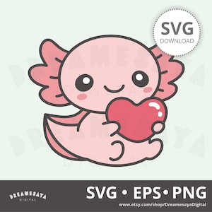 Kawaii axolotl SVG EPS PNG, schattige cartoon roze salamander met hartillustratie en gesneden bestand
