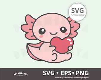 Kawaii axolotl SVG EPS PNG, Adorable cartoon pink salamander holding heart illustration and cut file