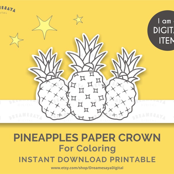 Pineapple coloring page JPG download, Whimsical fruit paper crown black and white outlines to color, DIY tropical theme party favor